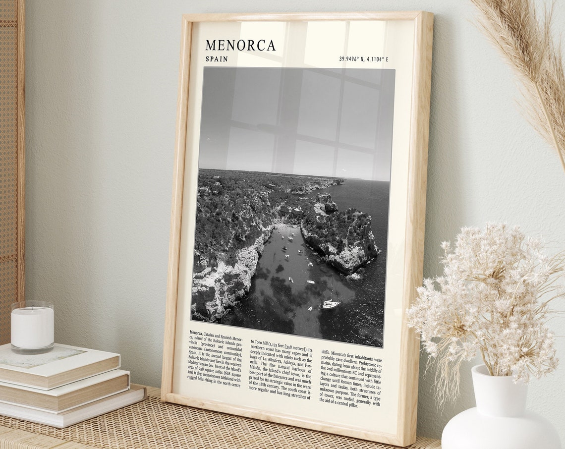 Menorca Spain Black and White Aerial Coastal Cliffs Travel Poster