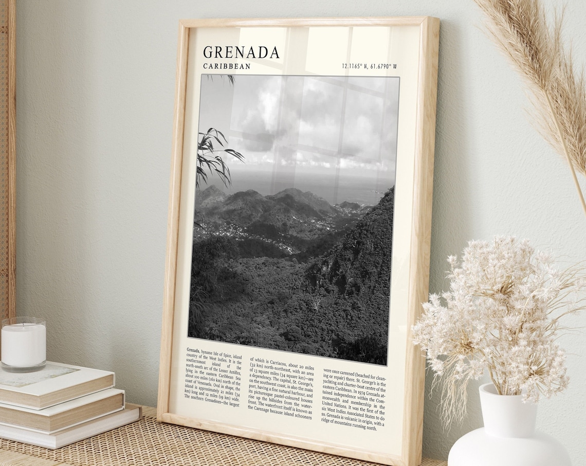 Grenada Caribbean Black and White Vintage Travel Photography Poster