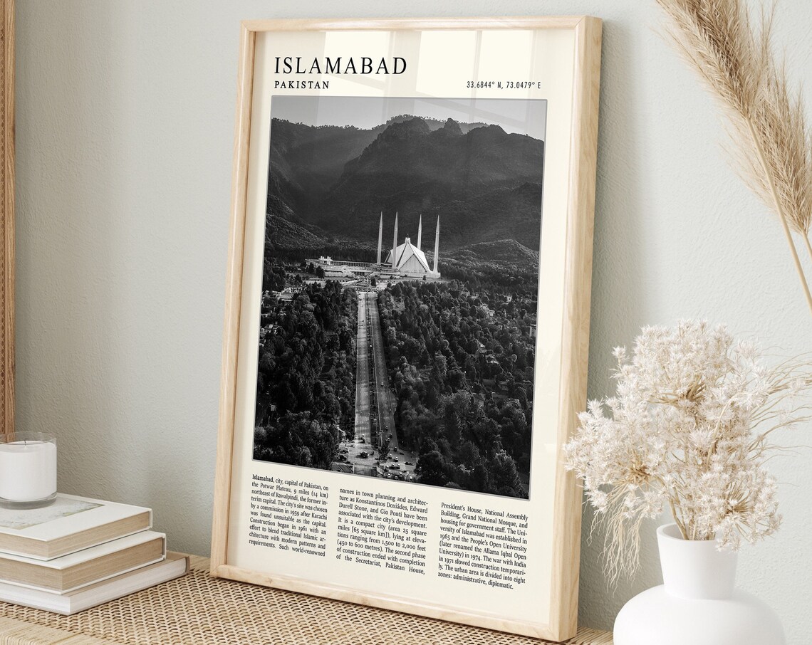 Islamabad Pakistan Faisal Mosque Aerial Black White Photo Poster