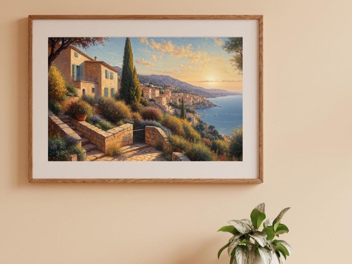 Mediterranean Coastal Village Sunset Seascape Landscape Art Poster