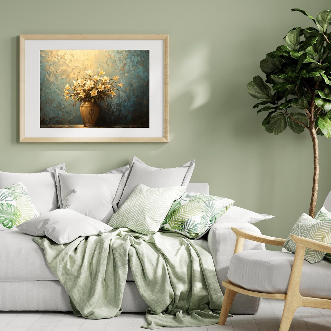 Cream Lilies in Bronze Vase Golden Light Floral Still Life Poster - Image 2