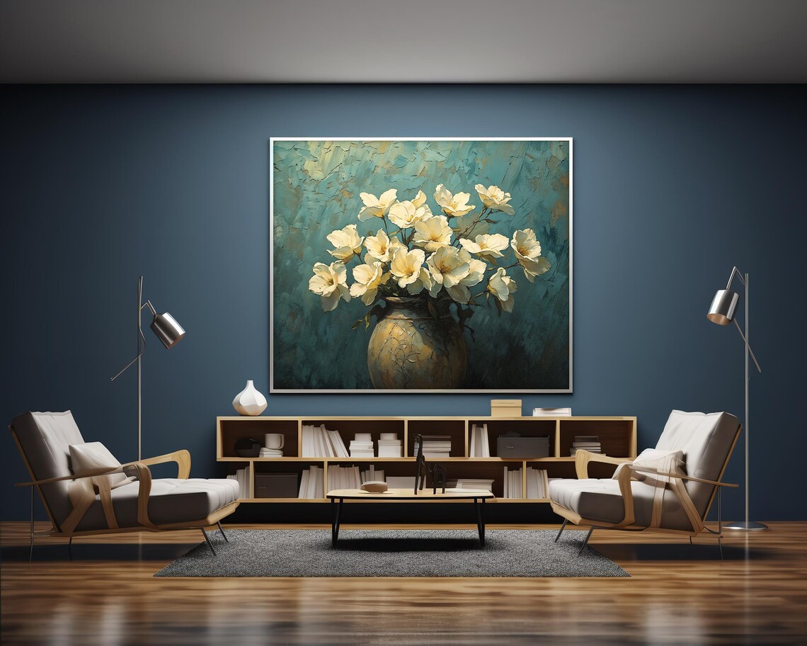 White Blossoms in Vase Teal Impasto Floral Still Life Art Poster