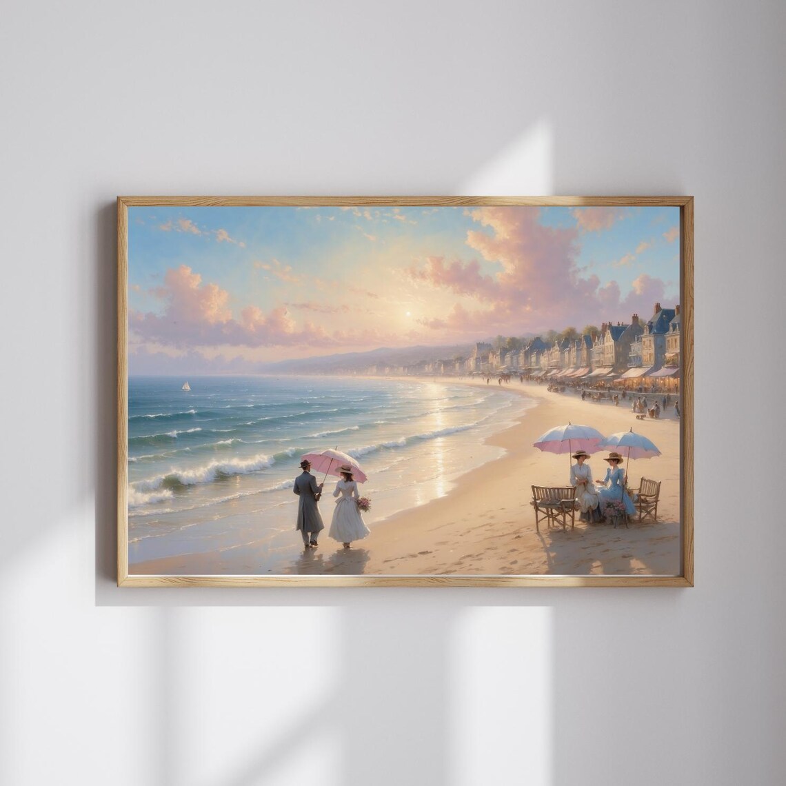 Vintage Seaside Beach with Pink Umbrellas Coastal Art Poster