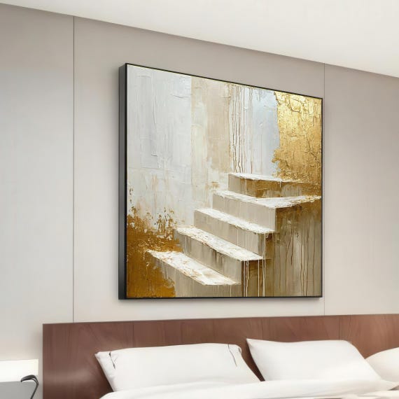 Golden Staircase Canvas Abstract Steps Art Textured Wall Luxurious Gold Design Ready To Hang Decoration