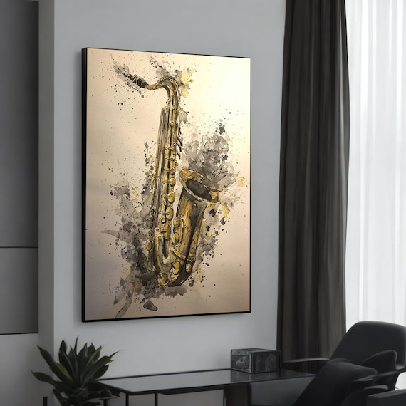 Golden Saxophone Watercolor Splash Abstract Jazz Music Instrument Poster