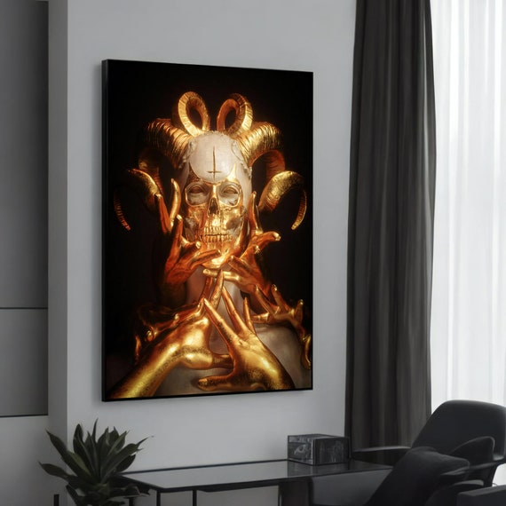 Gothic Skull And Golden Hands Canvas Painting Unique Dark Art For Edgy Home Decor
