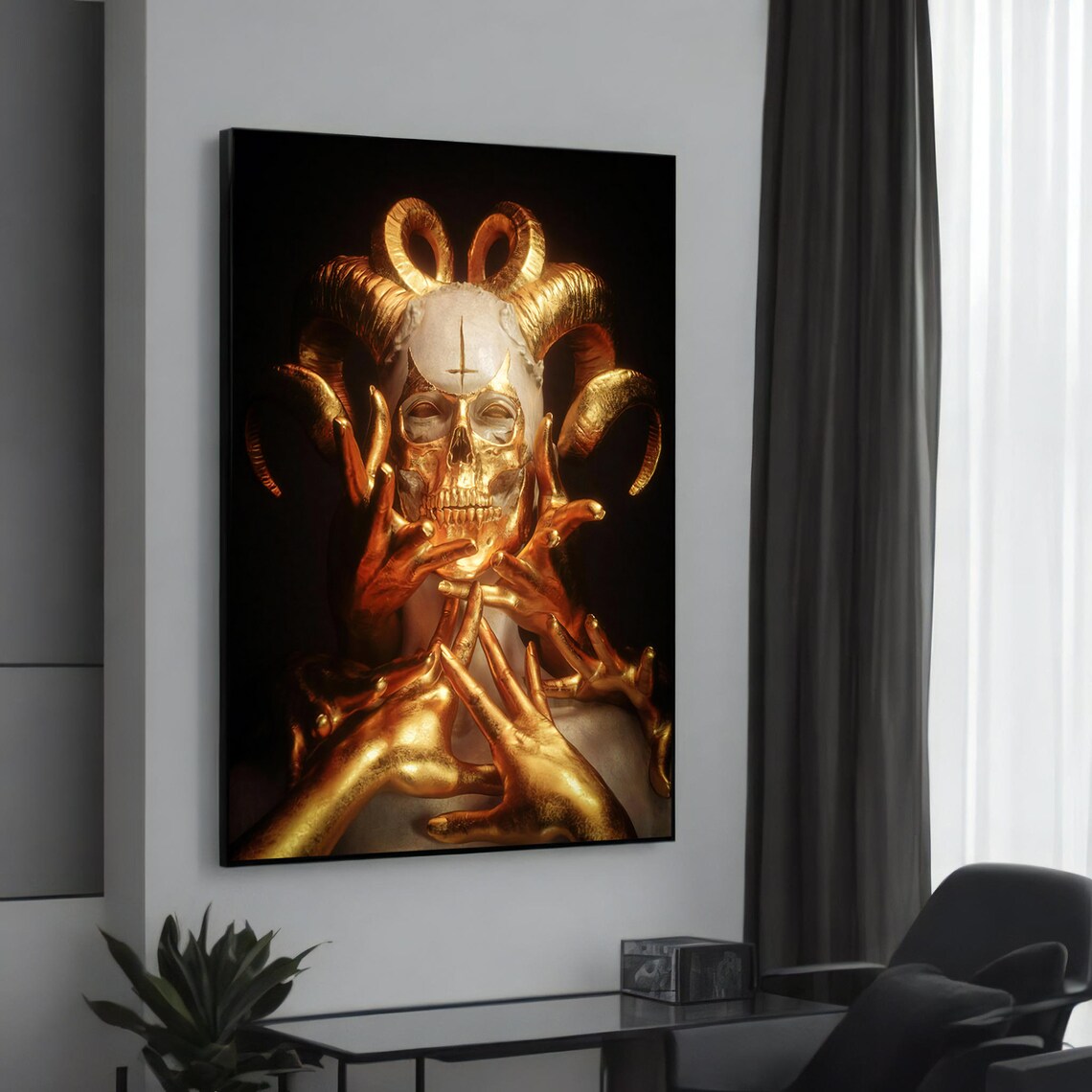 Golden Horned Skull With Golden Hands Dark Gothic Surrealism Art Poster