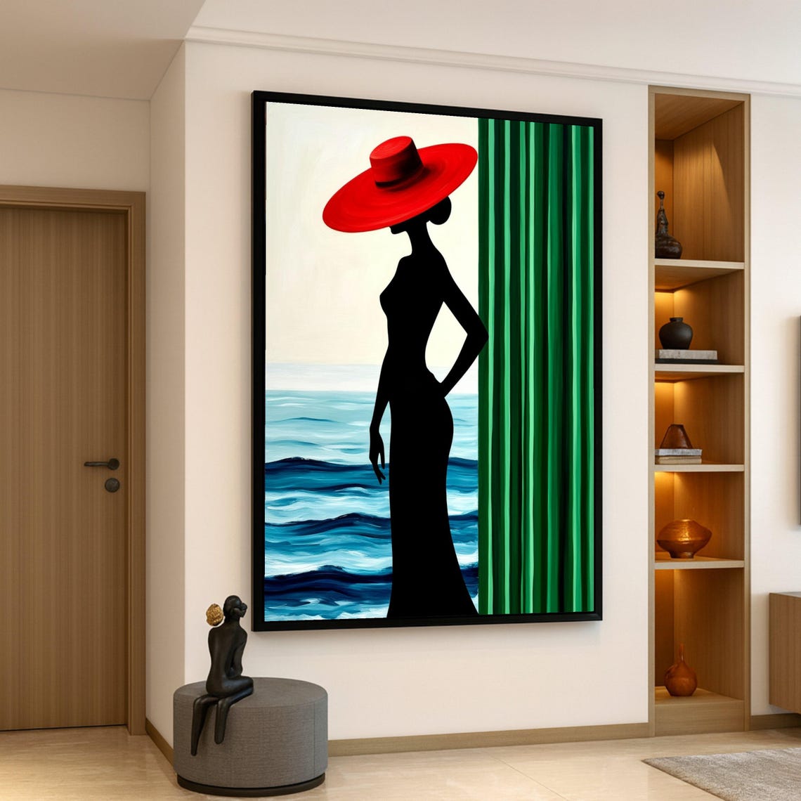 Elegant Woman Silhouette Red Hat Seaside Abstract Style Wall Art