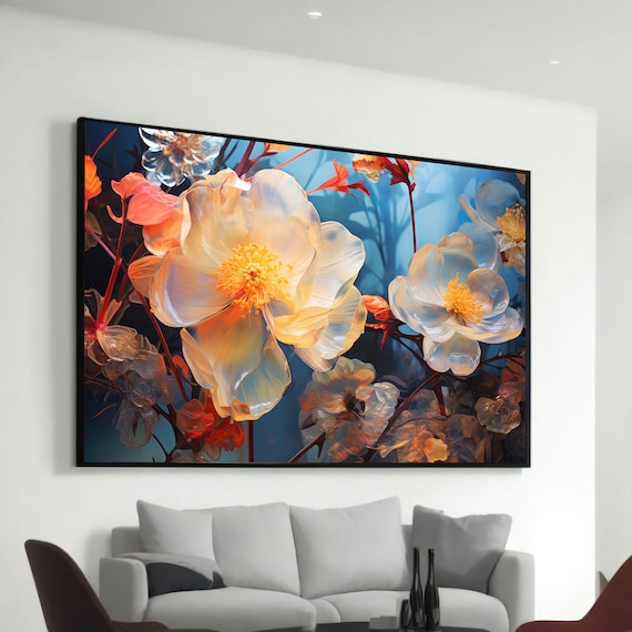 Delicate White Flowers Translucent Petals Blue Floral Art Poster