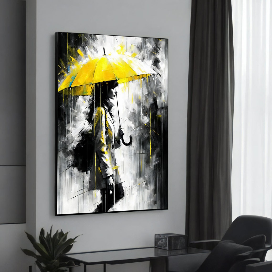 Modern Rainy Day Woman Yellow Umbrella Black White Art Poster