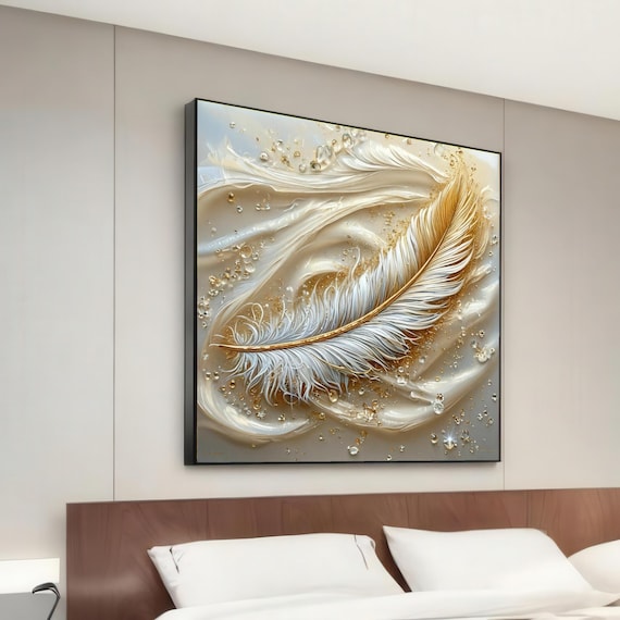 Golden White Feather Elegant Silk Waves Crystal Luxury Wall Art