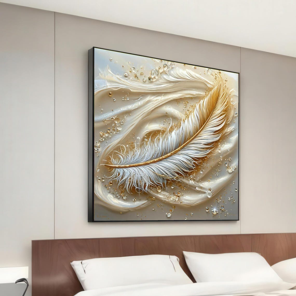 Golden White Feather Elegant Silk Waves Crystal Luxury Wall Art