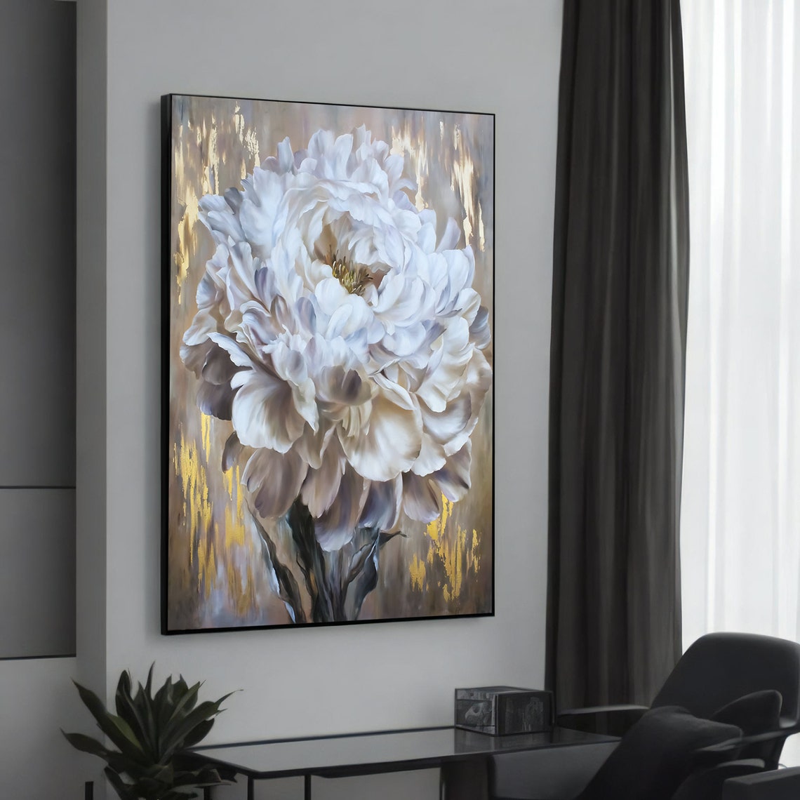 White Peony Blossom with Gold Leaf Elegant Neutral Floral Art Poster