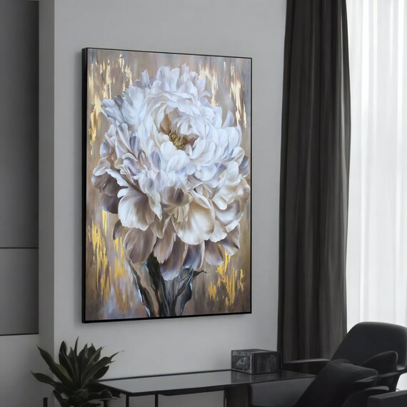 White Peony Blossom with Gold Leaf Elegant Neutral Floral Art Poster