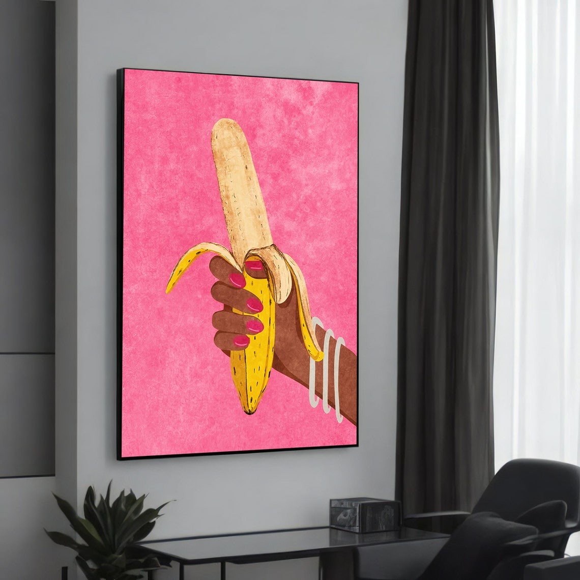 Playful Banana Pop Art Pink Background Hand Painted Fruit Poster
