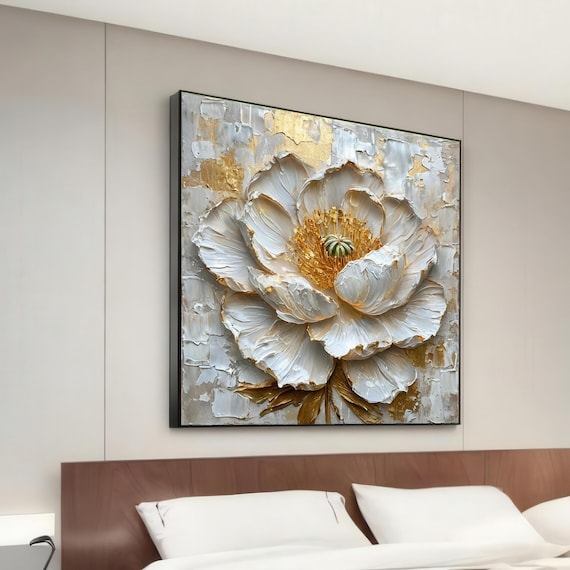 White Peony Bloom Gold Center Textured Impasto Floral Wall Art