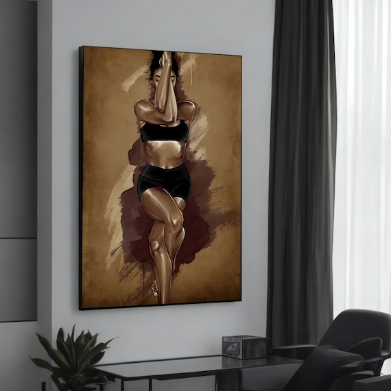 Powerful Female Athlete Yoga Pose Bronze Tones Modern Fitness Wall Art