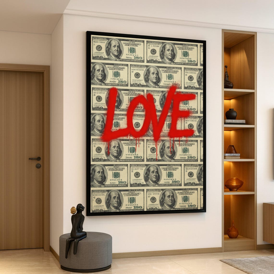 Red Spray Painted Love on Money Bills Bold Graffiti Wall Poster