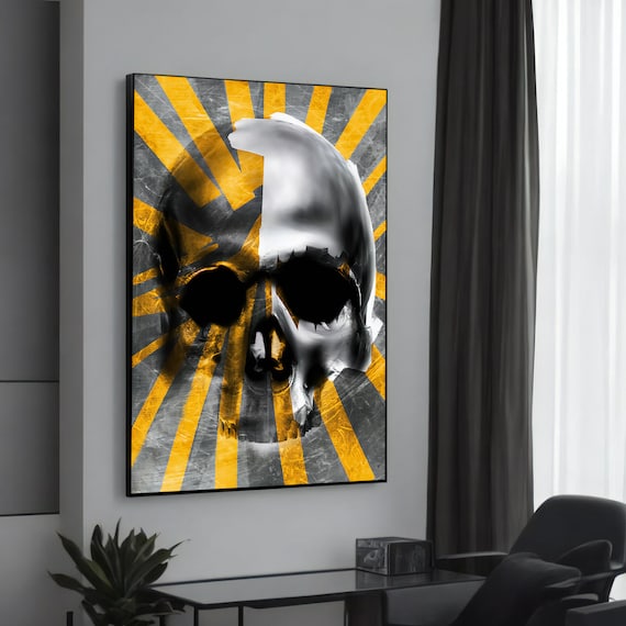 Abstract Skull With Yellow Rays Canvas Art Banksyinspired Urban Graffiti Painting Unique And Bold Gift For Lovers