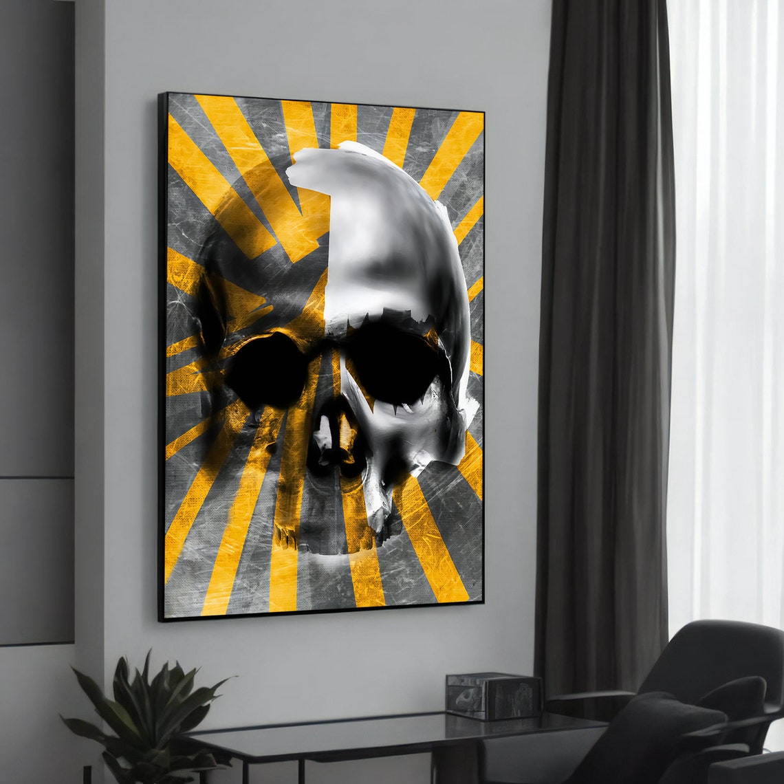 Abstract Skull With Yellow Rays Canvas Art Banksyinspired Urban Graffiti Painting Unique And Bold Gift For Lovers