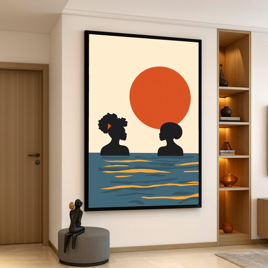 Two Women Silhouettes In Ocean Sunset Water Minimalist Art Poster