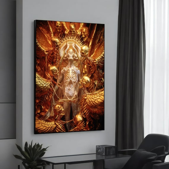 Golden Skeletal Angel Death Skulls Dark Gothic Surreal Art Poster