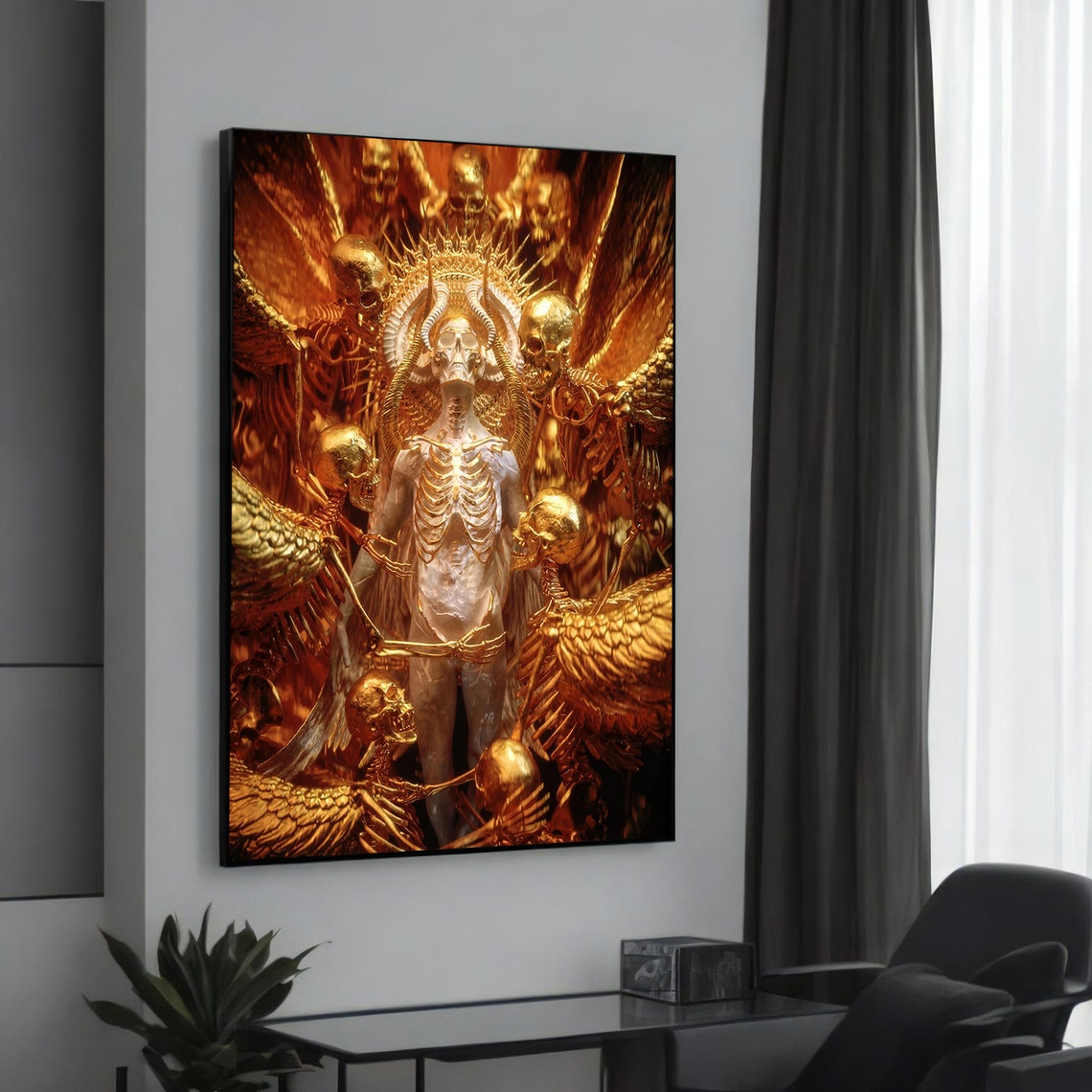 Golden Skeletal Angel Death Skulls Dark Gothic Surreal Art Poster