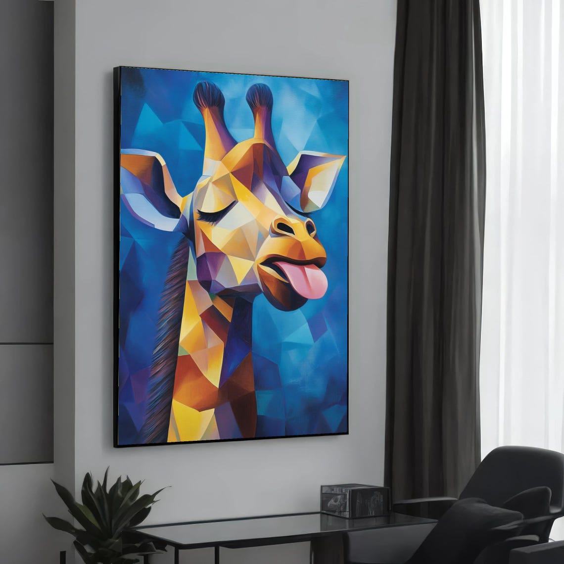Geometric Giraffe Tongue Out Blue Low Poly Fun Animal Wall Art
