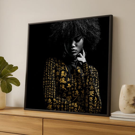 Contemplative Woman Portrait Canvas Afro Hair Art Asian Calligraphy Clothing Design Black And Gold Wall Modern Home Decor