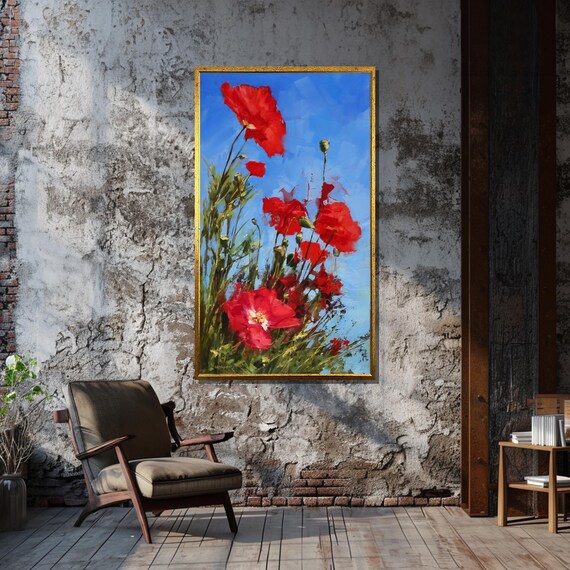 Red Poppies Blue Sky Tall Canvas Impressionist Floral Poster