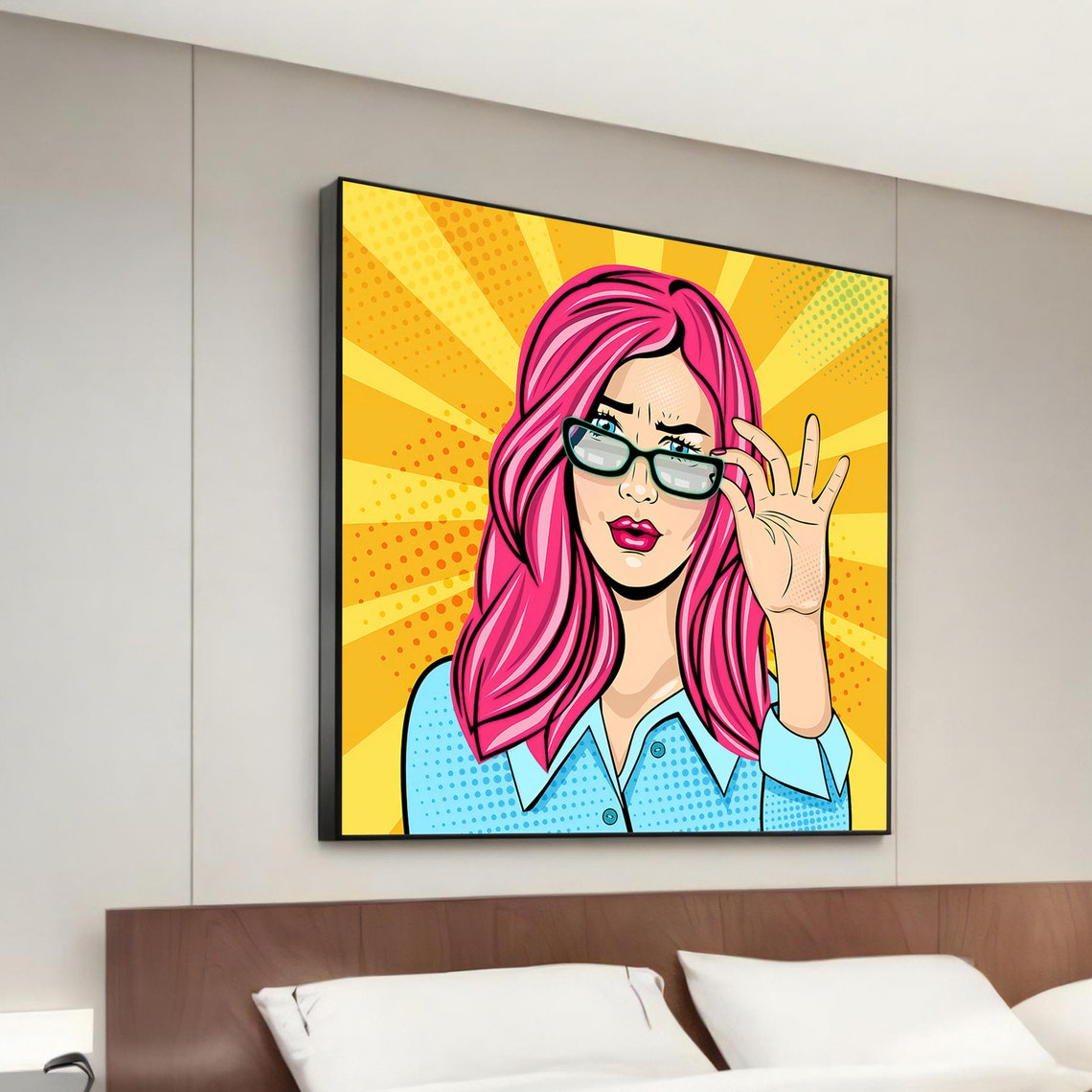 Pink Hair Pop Art Woman Glasses Bold Retro Comic Style Wall Art