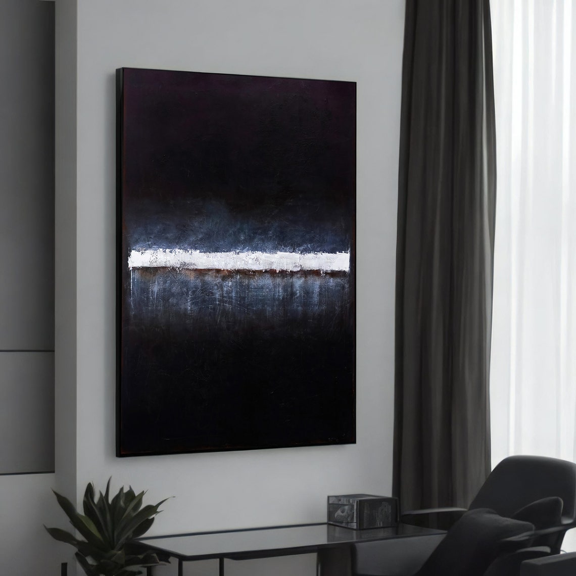 Dark Minimalist Abstract With White Horizon Line Modern Art Poster