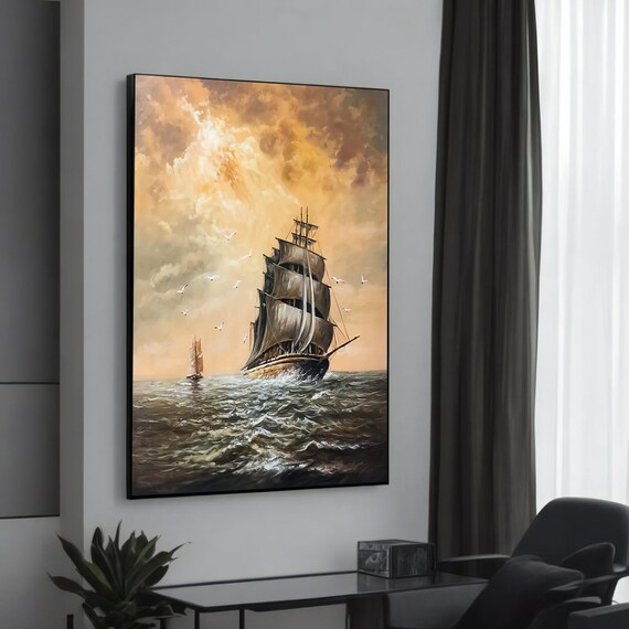 Tall Ship Golden Sunrise Sailing Seagulls Vintage Ocean Poster