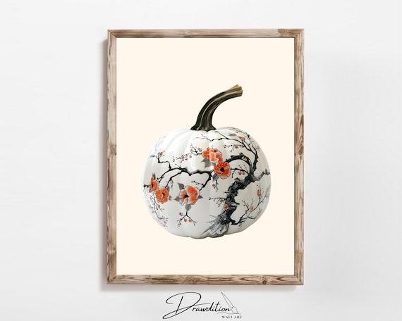 White Pumpkin Painted Orange Blossom Floral Chinoiserie Fall Wall Art
