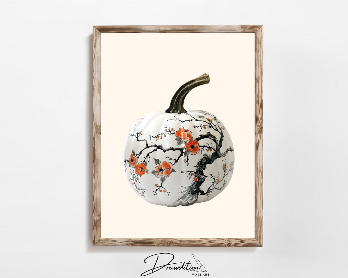 White Pumpkin Painted Orange Blossom Floral Chinoiserie Fall Wall Art