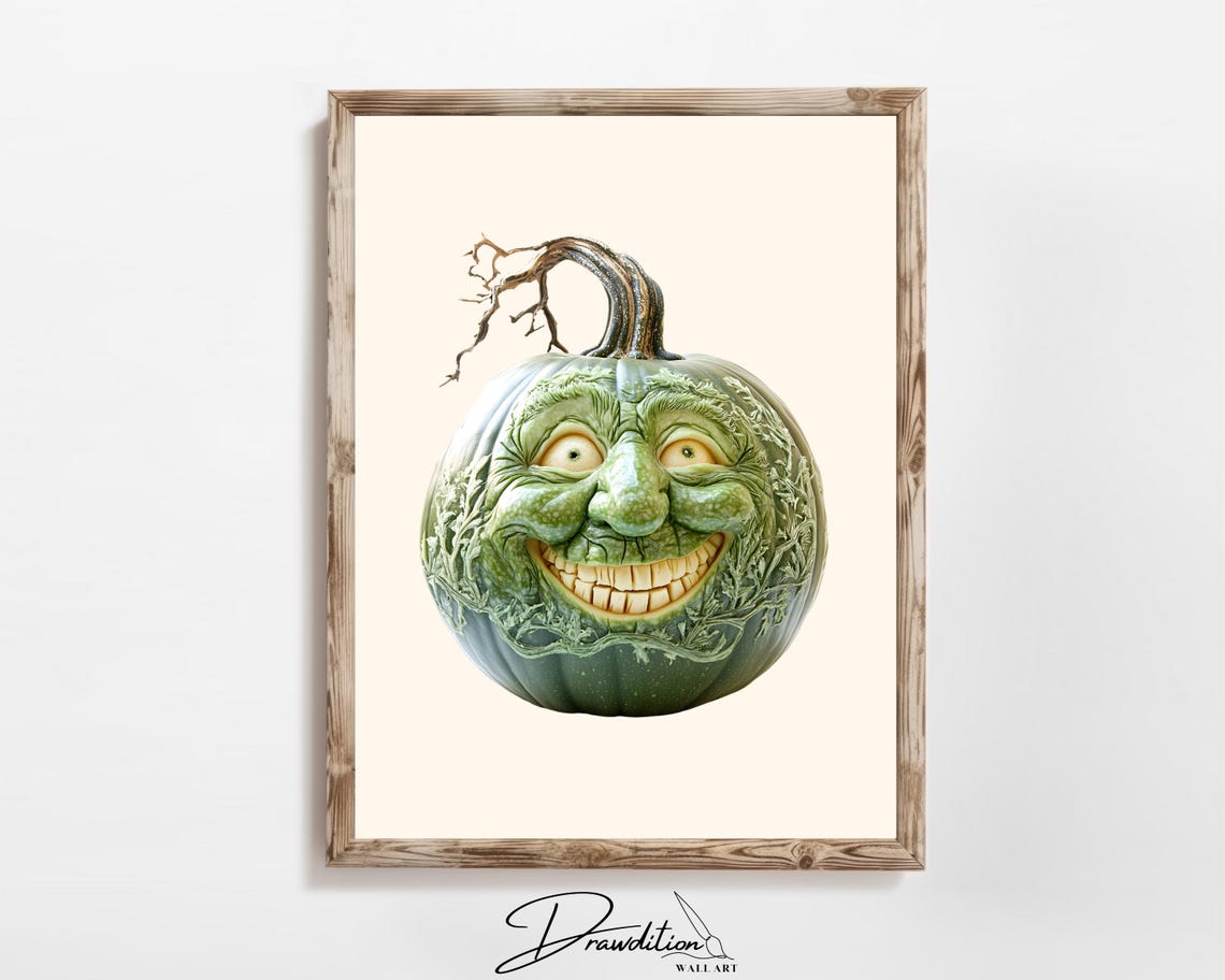 Green Carved Funny Grinning Face Pumpkin Halloween Decor Poster