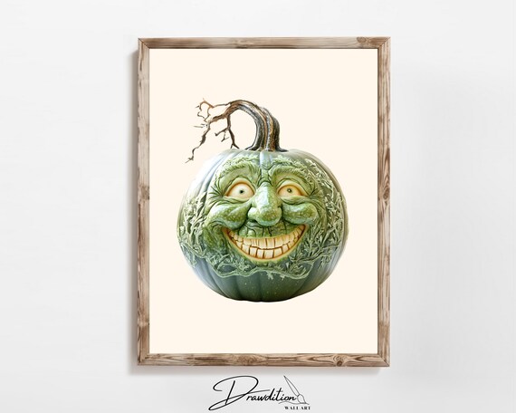Green Carved Funny Grinning Face Pumpkin Halloween Decor Poster