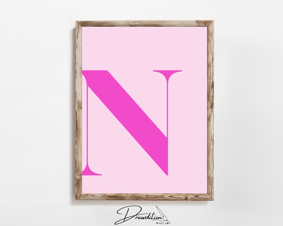 Letter N Hot Pink Monogram Initial Typography Teen Room Print