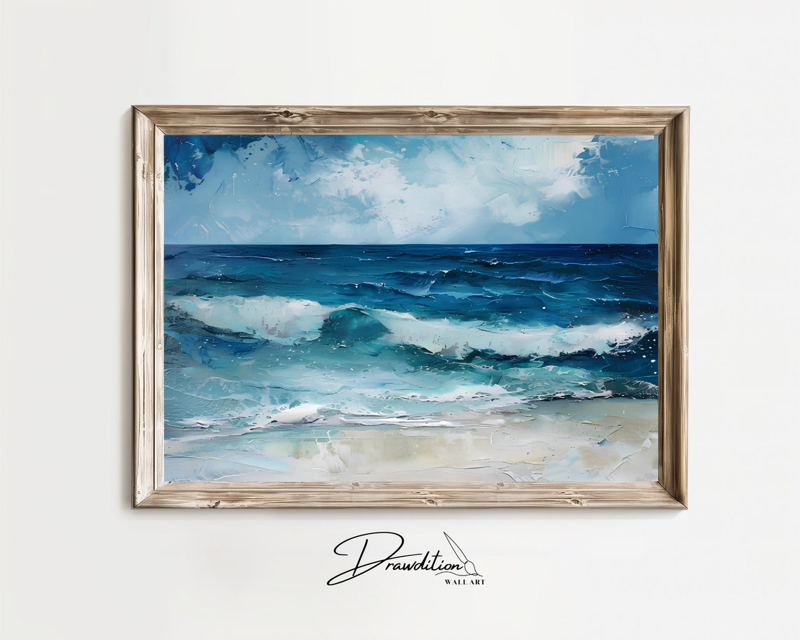 Blue Ocean Waves Crashing Beach Shoreline Coastal Seascape Art Poster