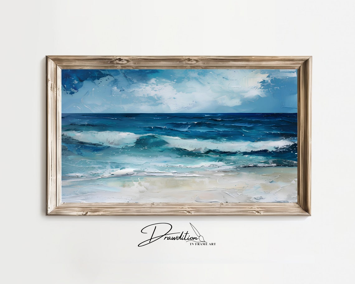 Blue Ocean Waves Surf Sandy Beach Coastal Painting TV Frame Wall Art