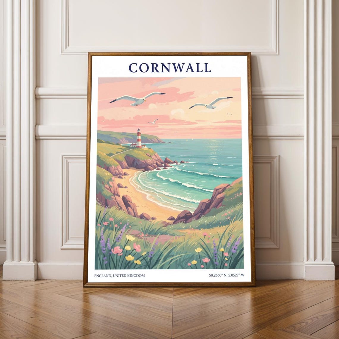 Cornwall England Coastline Lighthouse Seaside Sunset Travel Wall Art
