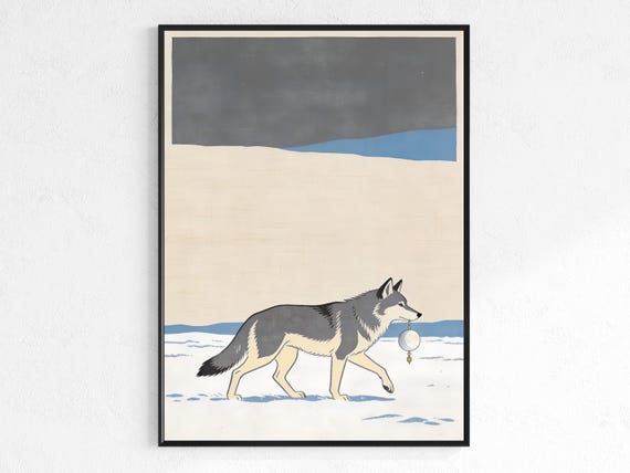 Minimalist Wolf Poster Snowy Landscape Art Print With Husky Ornament