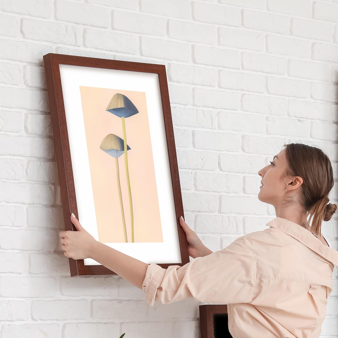 Tall Slender Minimalist Mushroom Blue Cream Modern Art Poster