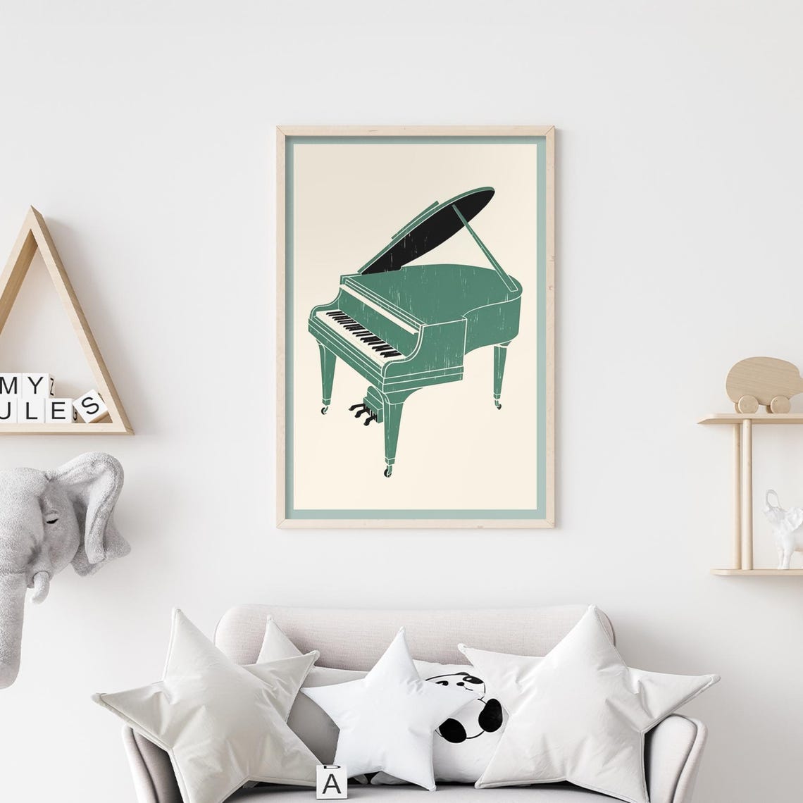 Vintage Green Grand Piano Minimalist Music Illustration Poster - Image 3