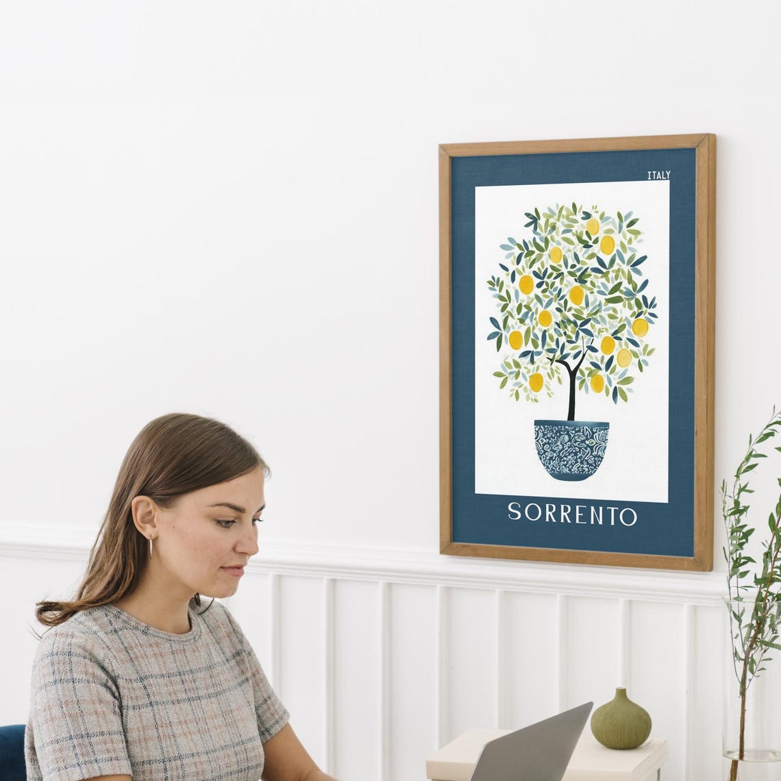 Sorrento Italy Lemon Tree Poster in a Blue Ceramic Pot Decor - Image 4