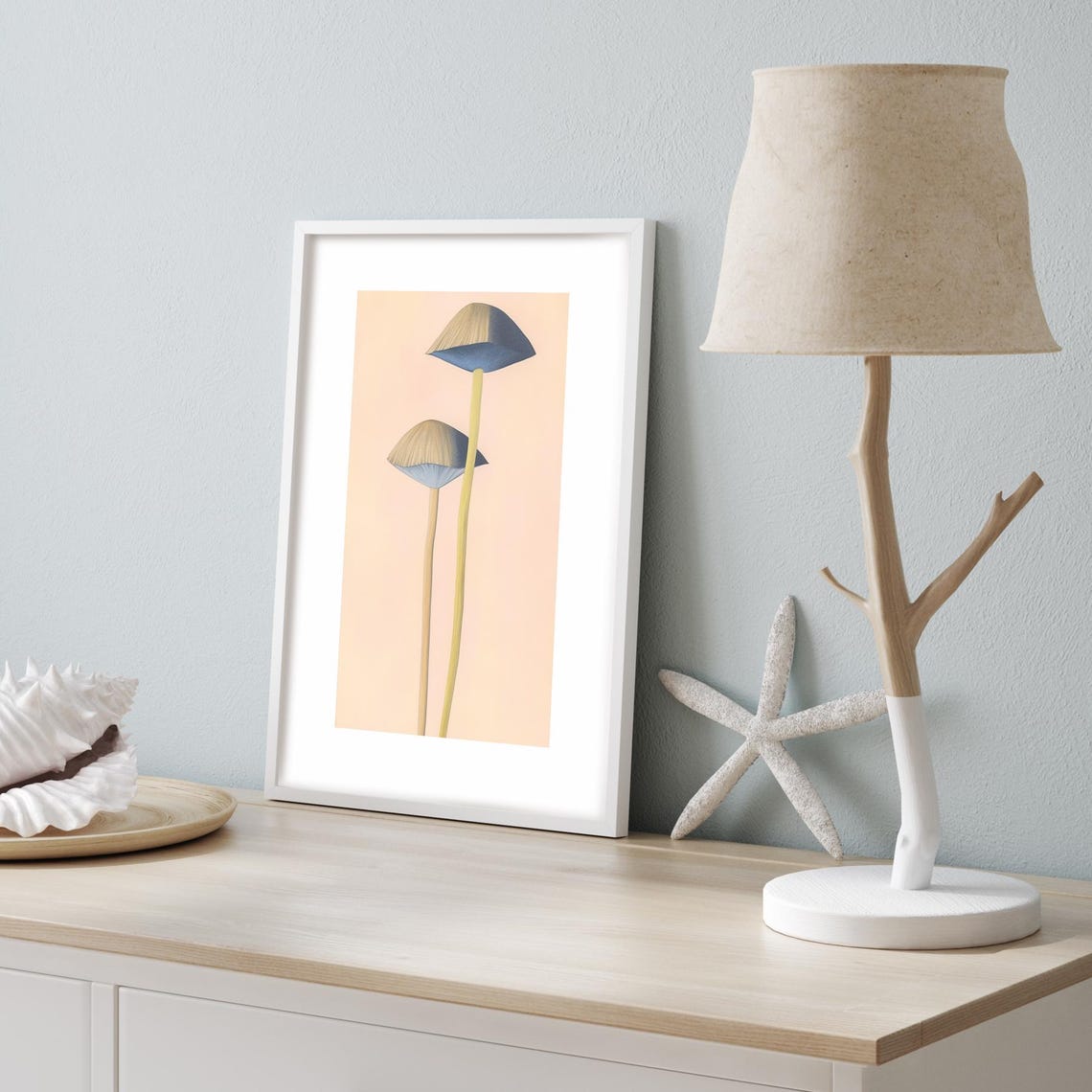 Tall Slender Minimalist Mushroom Blue Cream Modern Art Poster - Image 3