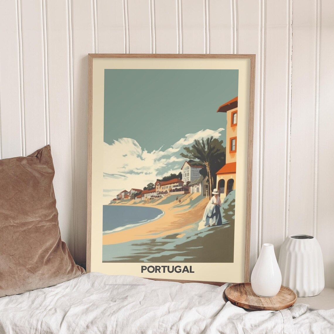 Portugal Sunny Coastal Town Beach Vintage Travel Charming Poster