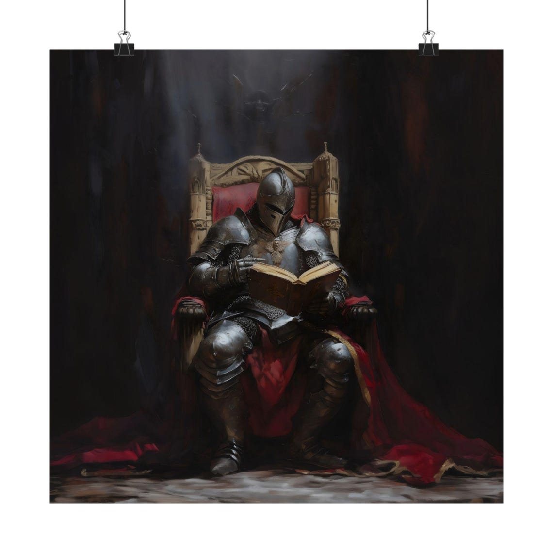 Armored Knight Reading A Book On A Dark Throne Fantasy Poster - Image 2