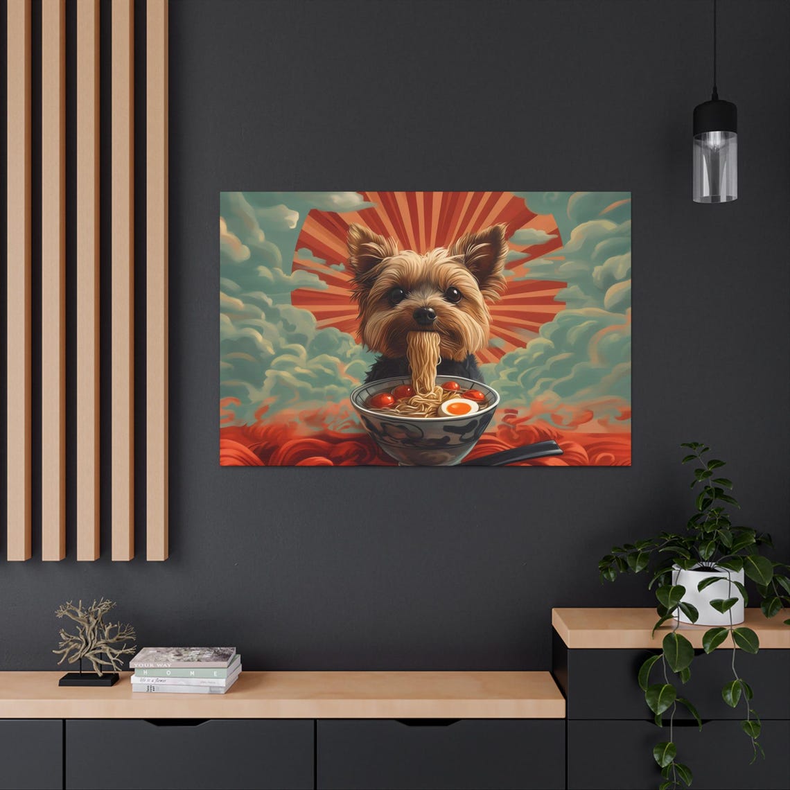 Tiny Yorkie Slurping Ramen Bowl in Japanese Sun Style Poster - Image 2