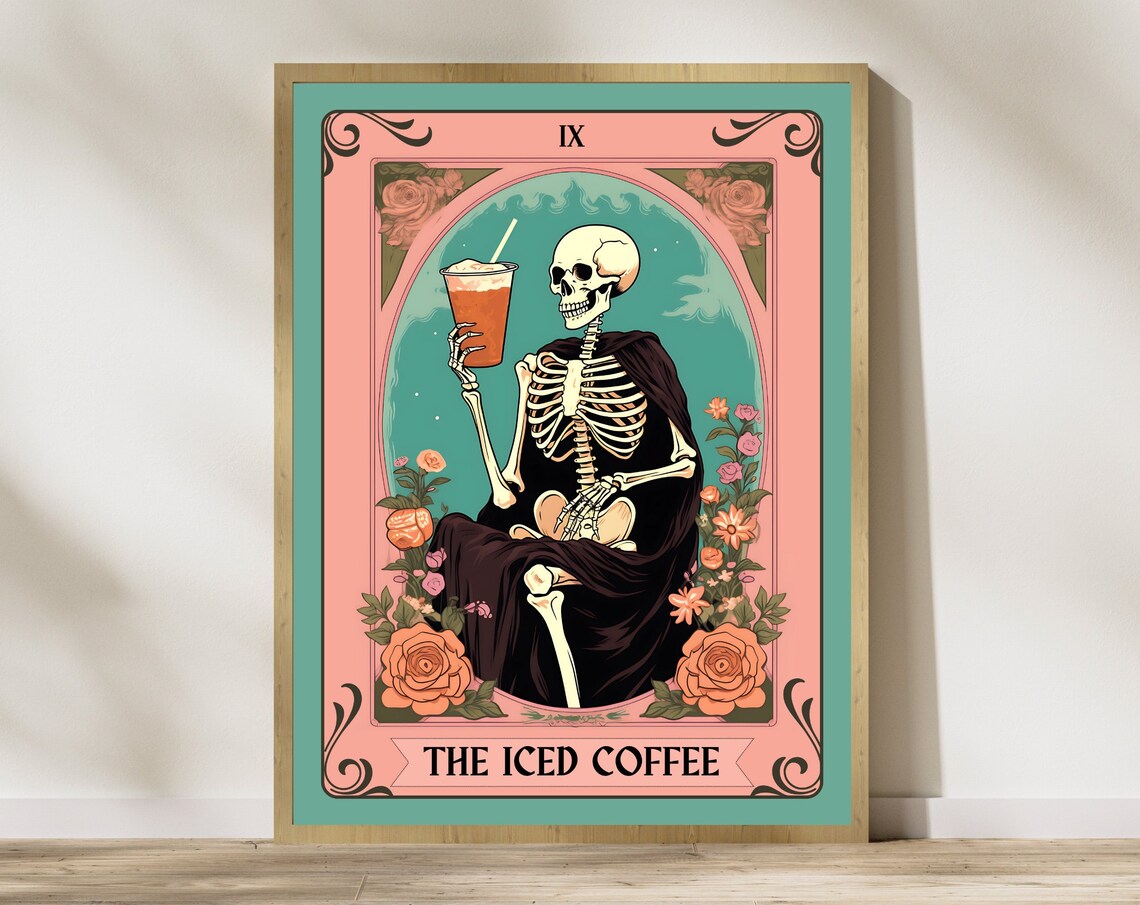 Iced Coffee Tarot Card Art Print, Witchy Vintage Halloween